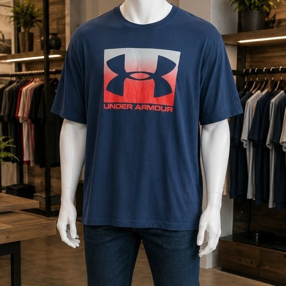 Under Armour Mens T-Shirt Navy Blue Ombre Logo Graphic HeatGear 2XL Tall